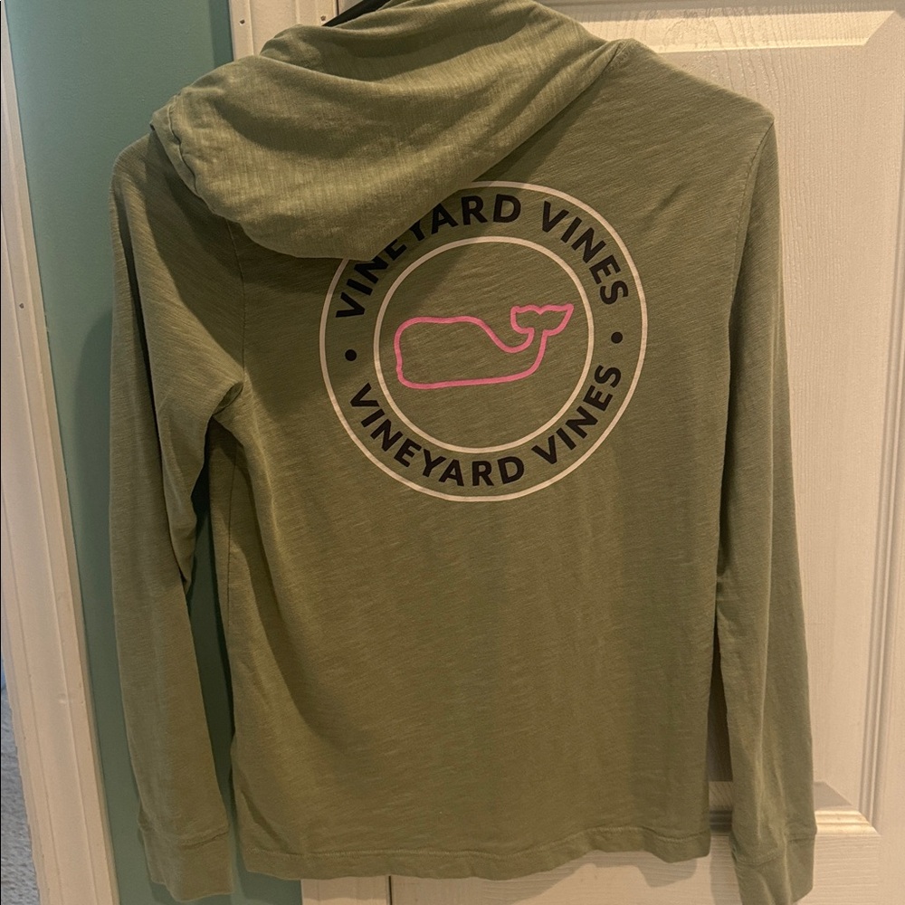 Vineyard Vines Olive Hoodie with Pink Whale Emblem
